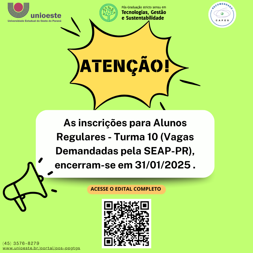 Atenção! Encerram-se em 31/01/2025 as inscrições para Seleção de Alunos Regulares - Turma 10 (Vagas Demandadas pela SEAP-PR).